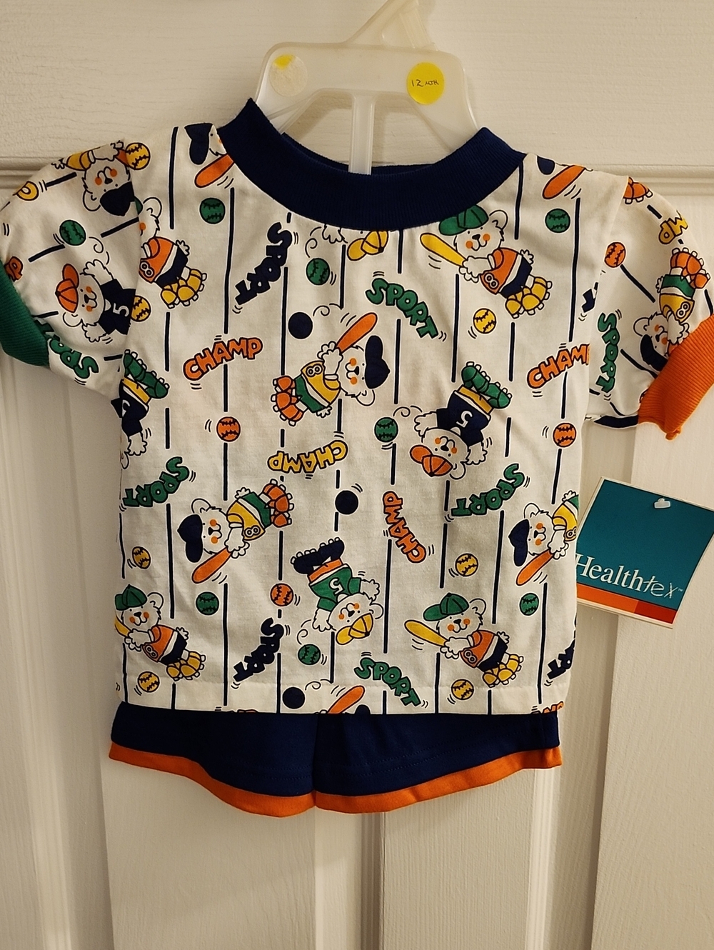Healthtex White Baby Two-Piece Sports Print Set with Navy, Orange & Green